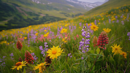 Obraz premium Fields of colorful wildflowers blooming in the mountain meadows, creating a beautiful contrast with the rugged landscape