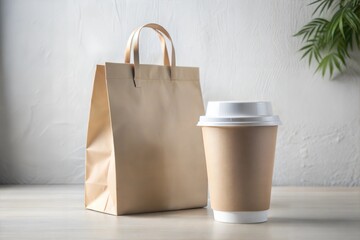 Take away coffee cup and bag isolated on white background, advertising concept mockup