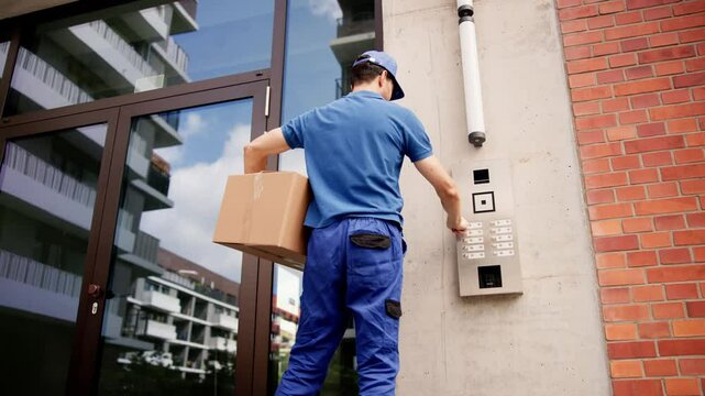 Professional Courier Making Secure Deliveries with Advanced Intercom System