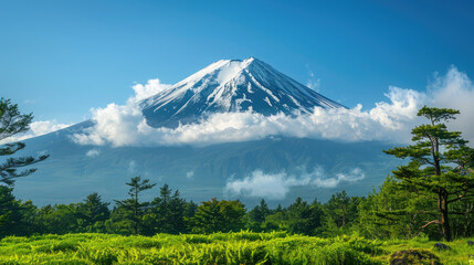Mount Fuji in Japan wide landscape with blue sky, snow on the mountain top, green trees around the mountain, clouds and mist