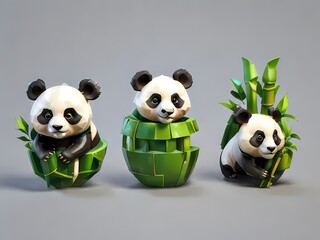 Generate a set of 3D minimalist icons featuring a panda and bamboo, using simple shapes and a clean design.