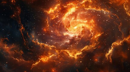 Naklejka premium Stunning cosmic nebula with bright orange and yellow hues, showing the vast expanse and beauty of outer space swirling in motion.
