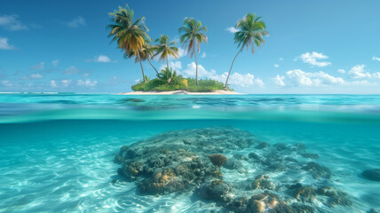 Fototapeta premium A breathtaking tropical paradise featuring crystal clear blue water, lush palm trees, and a serene beach under a bright, sunny sky..