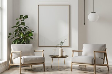 Minimalist yet elegant, a modern living room adorned with two comfortable armchair and a striking framed poster on a white wall.