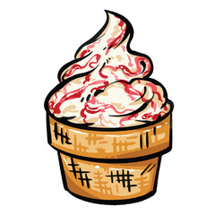 Ice cream cone vanilla sundae strawberry food illustration isolated on square white background. Flat cartoon art styled drawing.