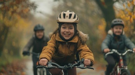 Fototapeta premium Group of Kids Riding Bicycles in Autumn Forest with Smiling Faces