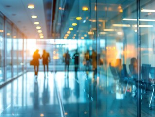 Modern office space, glass walls, sunlight streaming into the building, business people walking and chatting in the background.