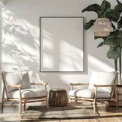 Minimalist yet elegant, a modern living room adorned with two comfortable armchair and a striking framed poster on a white wall.