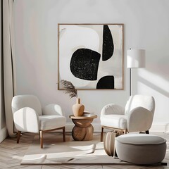Harmonious blend of comfort and style, featuring two arm chairs in a modern living room setting a prominent framed poster on a white wall.