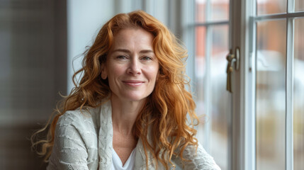 middle aged woman with red hair sitting near the window smiling looking forward with white home interior background