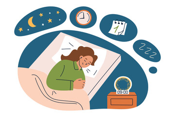 Sleep schedule vector illustration, bedtime routine concept. Woman sleeping in bed with alarm clock, cozy bedroom scene. Daily routine, sleep hygiene, and wellness concept. Moon and stars on night sky