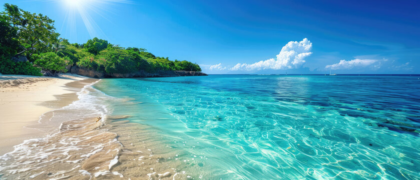 Amazing wide tropical paradise seaside beach in the morning with lots of white sand, blue water, clear sunny cloud weather and blue sky