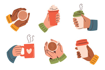 Coffee hands collection, vector illustration in flat cartoon style. Hands holding coffee cups, cozy mugs, to-go cups, warm drinks. Takeaway beverages in autumn, fall and winter themes