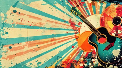Vintage postcard. World Music Day. Blue guitar and vinyl records on a blue and orange background. Horizontal banner. Free space for text, copy space. Flat illustration. Art, creativity, rhythm, melody