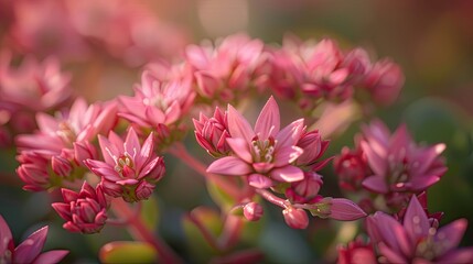 Fototapeta premium Stonecrop Sedum telephium Herbsfreude Autumn joy flowering with clusters buds revealing tiny star like raspberry pink flowers in late summer