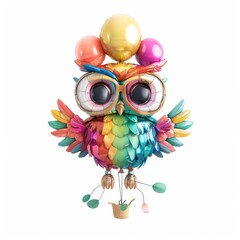 Fototapeta premium Whimsical Bright Balloon Owl - Vibrant Animal Art on White Background, generative Ai