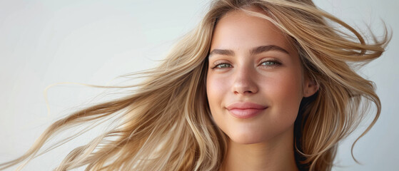 Fototapeta premium smiling face of beautiful blonde caucasian beauty woman model with long golden flowing hair in hair care product advertising style isolated white background
