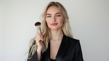 Beautiful makeup artist women holding makeup brush on a white background.