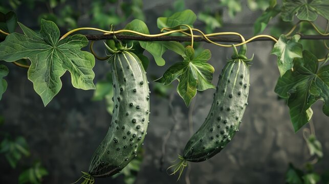 Two Armenian cucumber hanging on branch of cotton plant snake cucumber tar kakri