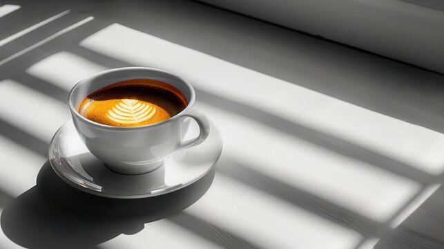 Coffee cup with latte art in sunlight.