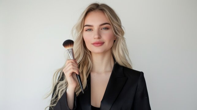 Beautiful makeup artist women holding makeup brush on a white background.