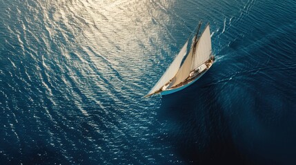 Aerial drone ultra wide panoramic photo with copy space of beautiful sail boat with white sails cruising deep blue sea near Mediterranean destination port