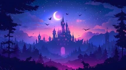 Enchanting Fantasy Castle Landscape with Starry Night Sky and Mystical Elements