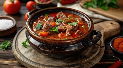 Hungarian hot goulash soup beef tomato pepper chili smoked paprika soup Traditional Hungarian dish