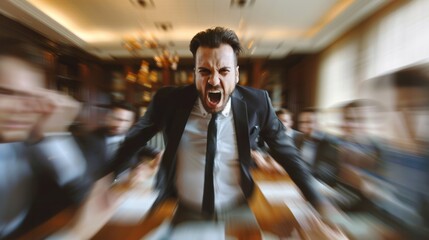 Business man angry action in meeting room with employees on background.