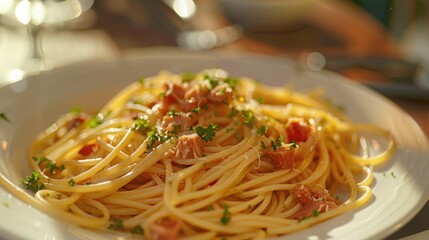 Plate of delicious pasta with tuna sauce italian food
