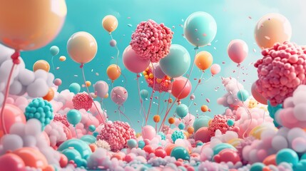 Fototapeta premium Whimsical Balloon Forest Wonderland - Vibrant and Shiny Nature Balloon Art Scene with Space for Text, generative Ai