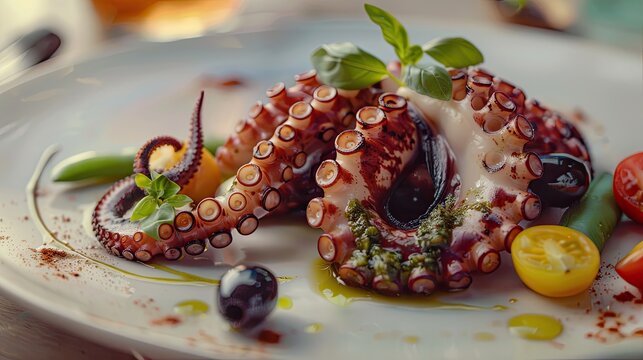 Polpo grigliato con patate e fagiolini Chargrilled octopus with basil pesto baby potato green beans cherry tomatoes and taggiasca black olives