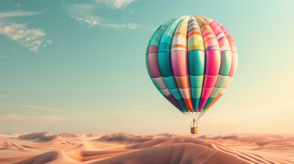Fototapeta premium Radiant Balloon Art in Desert Landscape - Tranquil Nature Scene with Twisted Shiny Balloon, Vibrant Colors, and Copy Space for Text, generative Ai