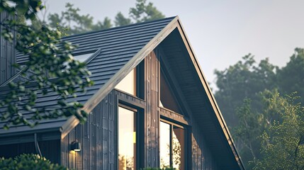 Obraz premium Wooden plank gabled roof on a new modern house with window copy space