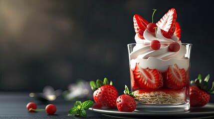 Berry dessert in glass with fresh strawberry biscuit and whipped cream Vegan lactose free dessert with alternative milk of coconut Recipe of healthy organic dessert cheesecake or berry trifle cake