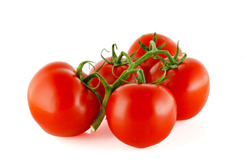 Red, fresh tomatoes on a branch isolated on a white background. Full depth of field.