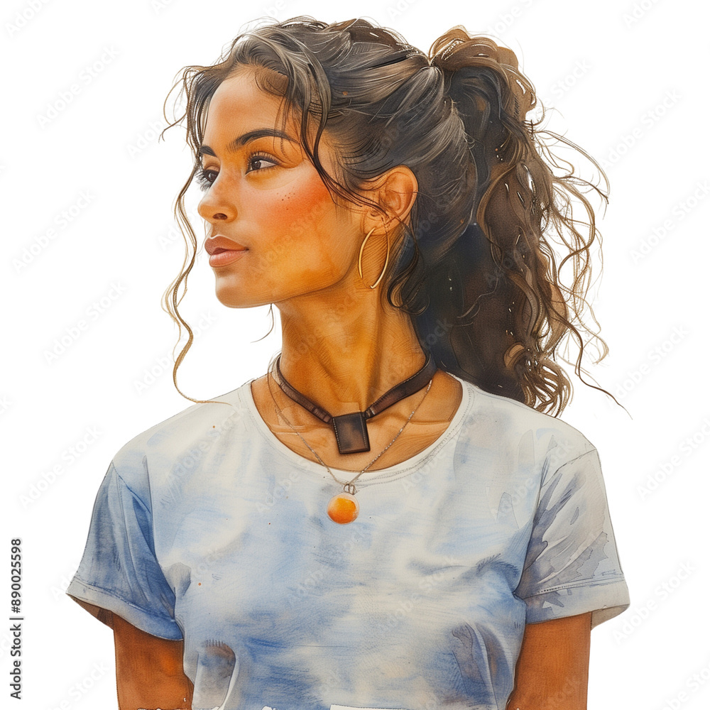 Canvas Prints watercolor painting , Picture of a woman with her hair neatly tied up, wearing a white T-shirt and a black necklace.