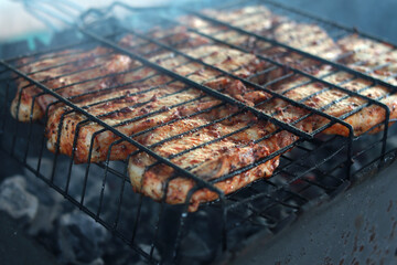 Grilled meat. Food at the fire. Shashlik. Picnic. Close-up. Selective focus. Place for an inscription.