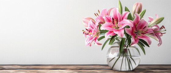 A bouquet of blooming Lily flowers in a vase on a table isolated on minimalist clean white background