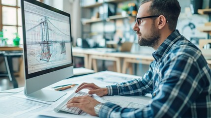 Fototapeta premium Architect man using computer for drawing bridge design at modern office.