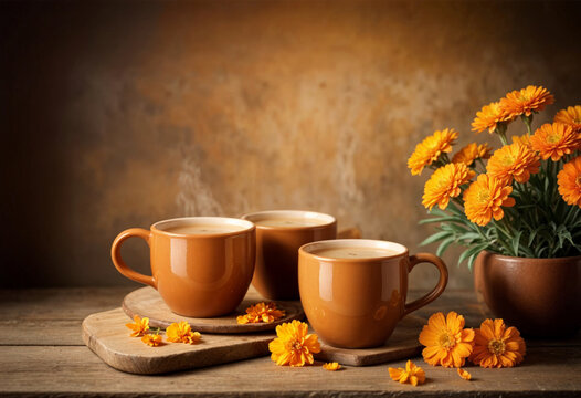 three mexican atole cups with marigold flowers on wooden table