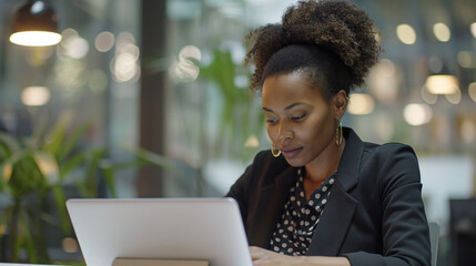 businesswoman working on laptop, A woman working on a laptop or tablet in a modern office setting, showcasing tech-savvy and professionalism