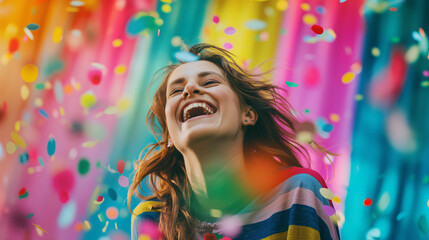 A woman laughing and throwing colorful confetti into the air, with a vibrant, multi color backdrop