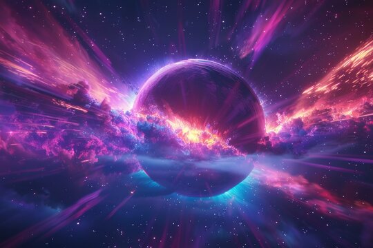 Futuristic digital landscape featuring a glowing purple planet in a cosmic space highlighting the beauty and mystery of the universe