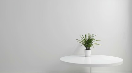 Simple White Table with Green Plant on White Background