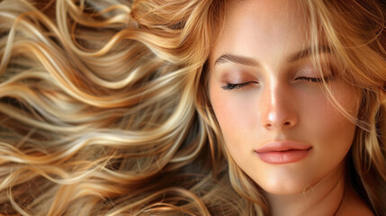 closeup woman model beautiful face and long flowing and shiny golden hair hairstyle filled the entire frame