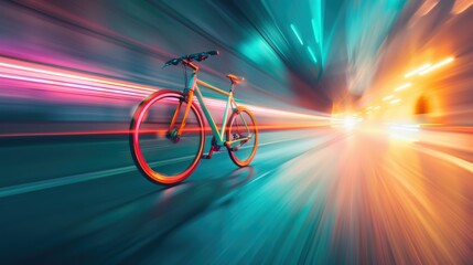 Fototapeta premium A colorful and abstract photograph of a bicycle leaving a trail of light as it moves through a dark urban environment.