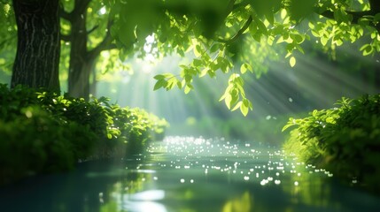 Fototapeta premium A tranquil forest stream meanders through a dense canopy of trees, dappled sunlight filtering through the leaves.