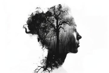 Fototapeta premium A haunting double exposure blends a profile with a dark, misty forest. Bare trees intertwine with the silhouette, creating a surreal image.