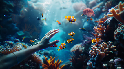 Obraz premium A scuba diver reaching out towards colorful fish and coral in a vibrant underwater reef, capturing the beauty of marine life..